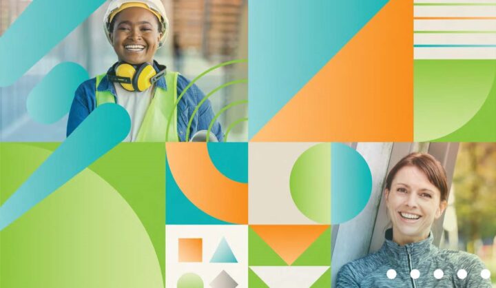 Collage graphique avec des formes primaires en vert clair, orange et turquoise avec 2 employées électriques souriantes