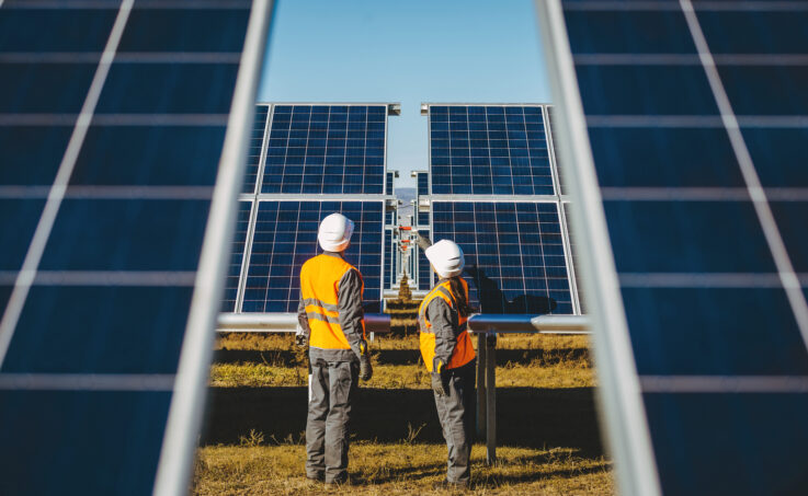 Two workers in safety gear inspecting some solar panels