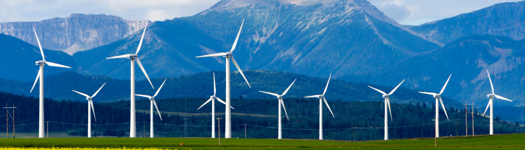 Windmill power generation in front of a mountain and canola field