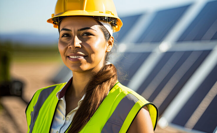 Latino engineer woman in front of solar panels