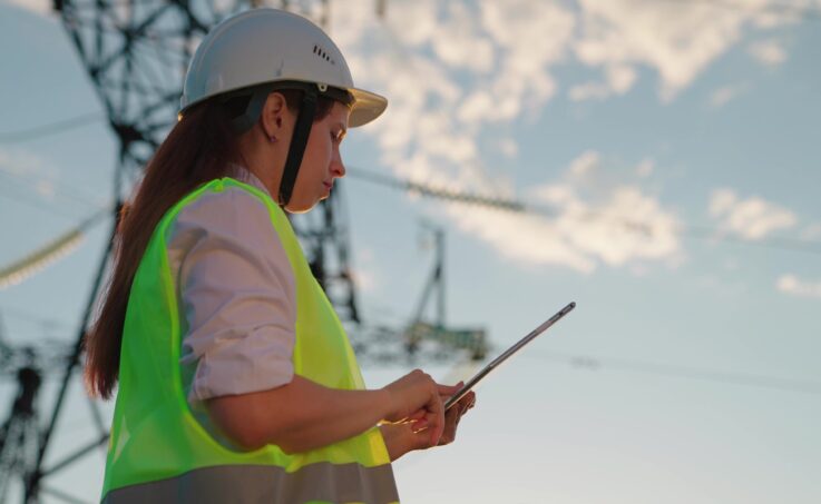Woman engineer, power engineer in helmet checks power line using computer tablet online.