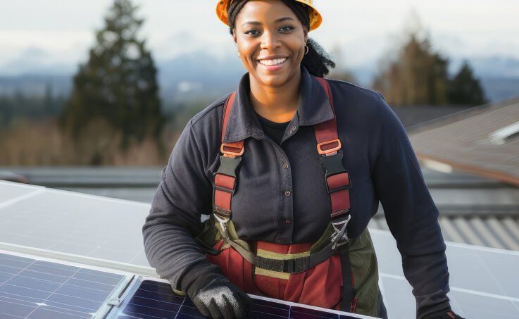 Woman technician installing solar panels on a roof