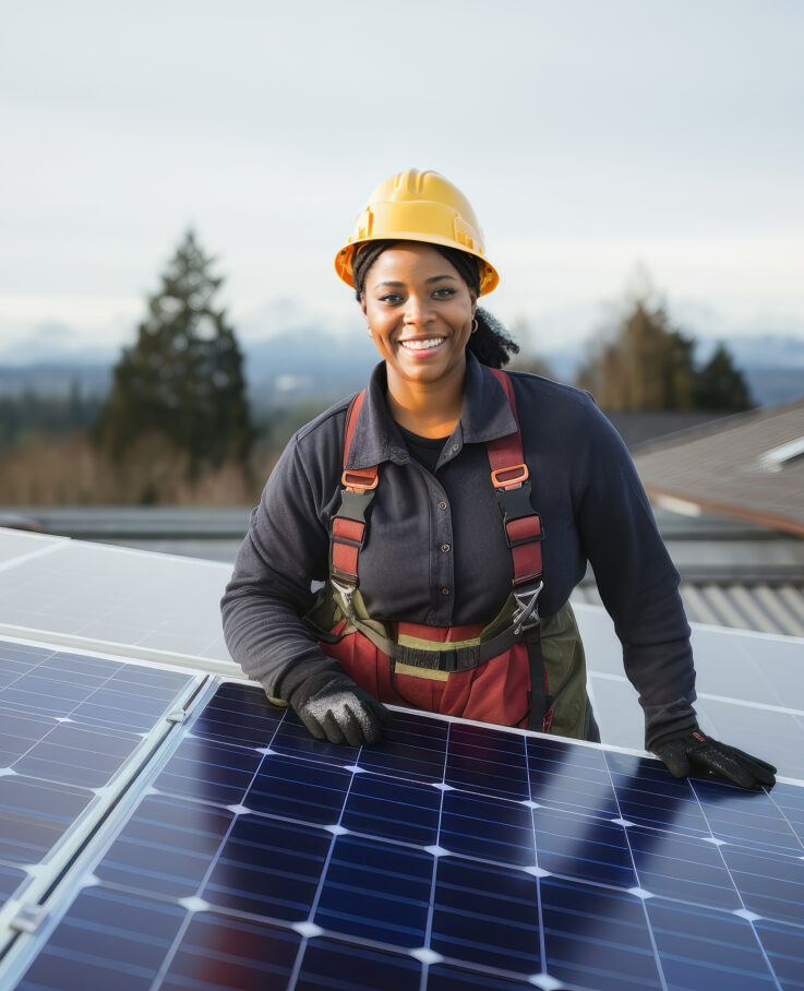 An electricity industry professional who is a woman standing over a solar panel