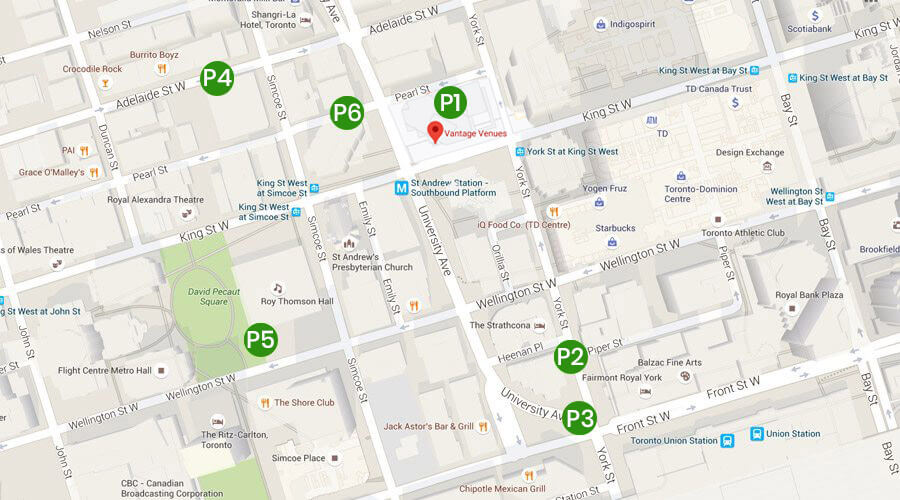 Map of downtown Toronto with placemarks of 6 parking options near the venue.