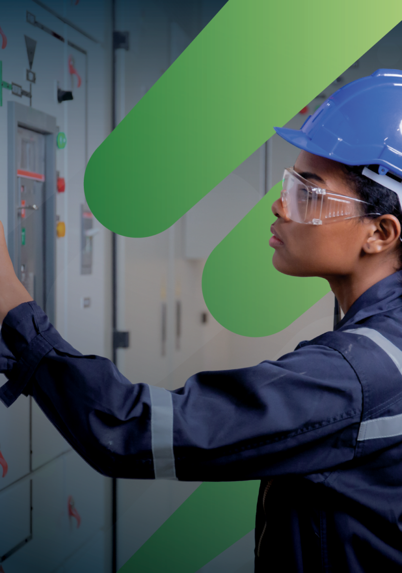 Cover image of a woman electrician wearing a blue hard hat, turning a switch on the wall with the EHRC logo graphic behind her