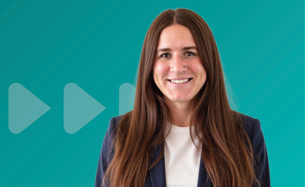 Photo of Meg Mathes on a teal background