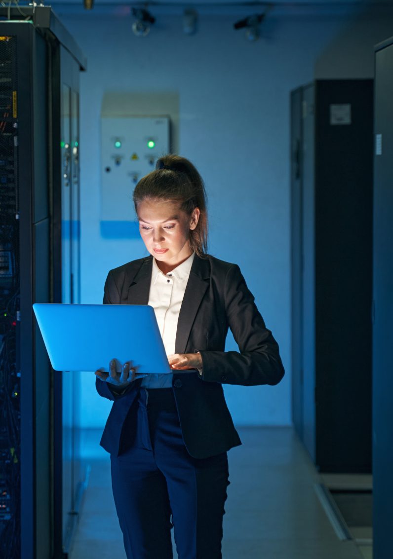 An engineer in a safety helmet checks the power line using a digital tablet. 