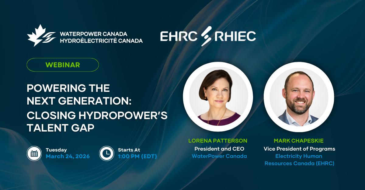 A promotional graphic for a webinar titled "Powering the Next Generation: Closing Hydropower’s Talent Gap."