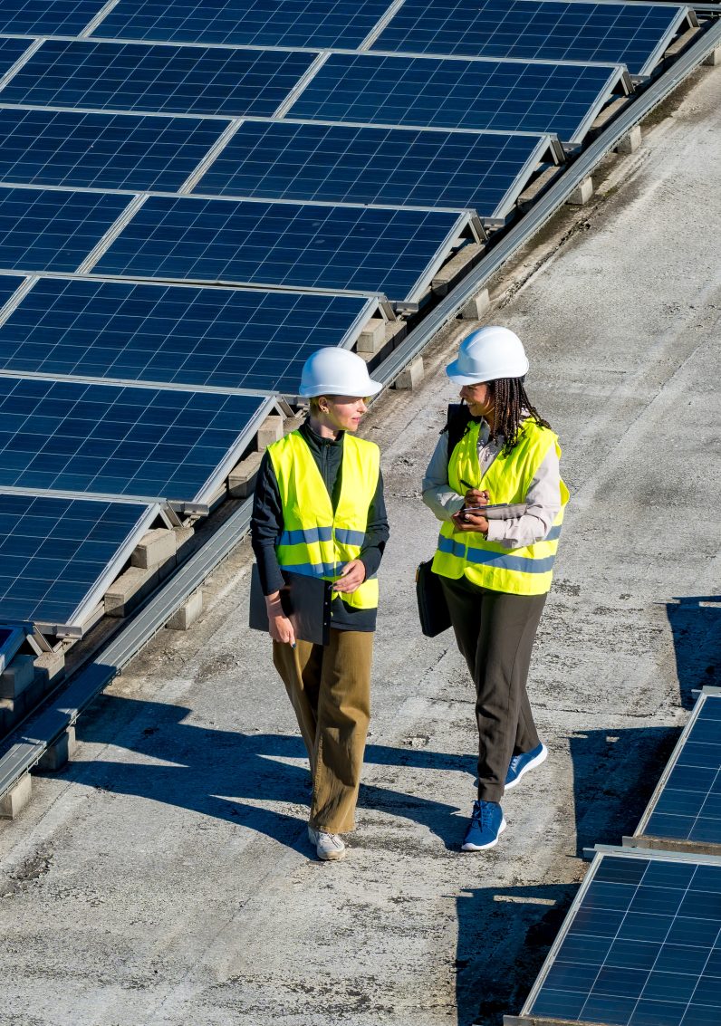 Two workers in safety vests and hard hats walk between rows of solar panels.